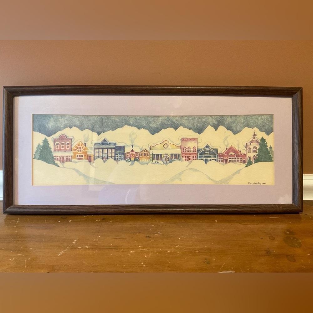 VTG Winter Snow Scene-Small Town Main Street By Lisa Ridgley 21x9” Matted&Framed